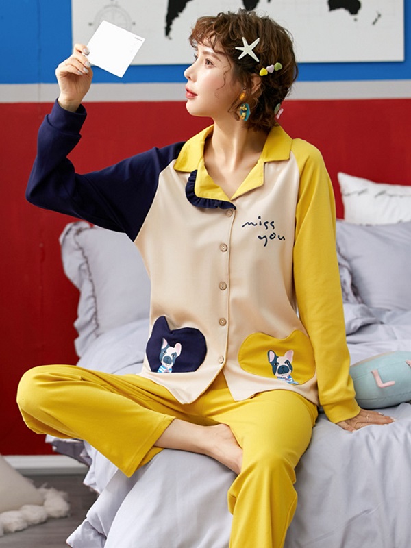 Long Sleeve Lapel Button-Down Cotton Soft Pajama Set - Image 5