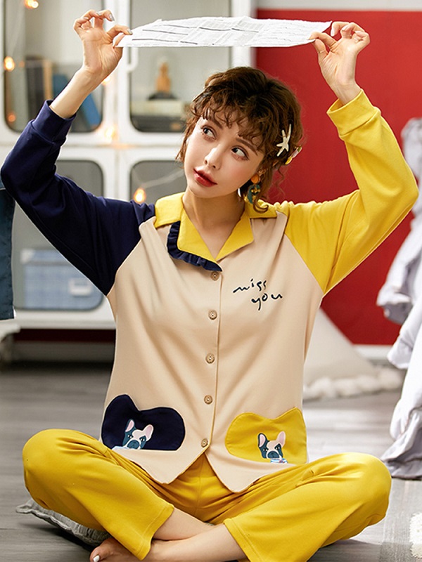 Long Sleeve Lapel Button-Down Cotton Soft Pajama Set - Image 6