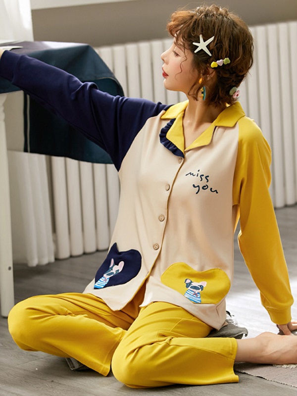 Long Sleeve Lapel Button-Down Cotton Soft Pajama Set - Image 7