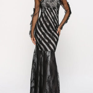 Long Sleeves Stripes Jewel Neck Pleated Layered Polyester Floor Length Maxi Dress