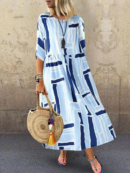 Maxi Dresses Jewel Neck Half Sleeves Printed Floor Length Dress