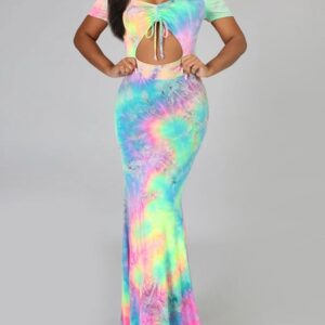 Maxi Dresses Tie Dye Off-The-Shoulder Short Sleeves Lace Up Cut Out Long Dress
