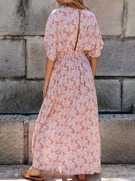 Maxi Dresses V-Neck Half Sleeves Floral Print Cut Out Slit Long Dress ...