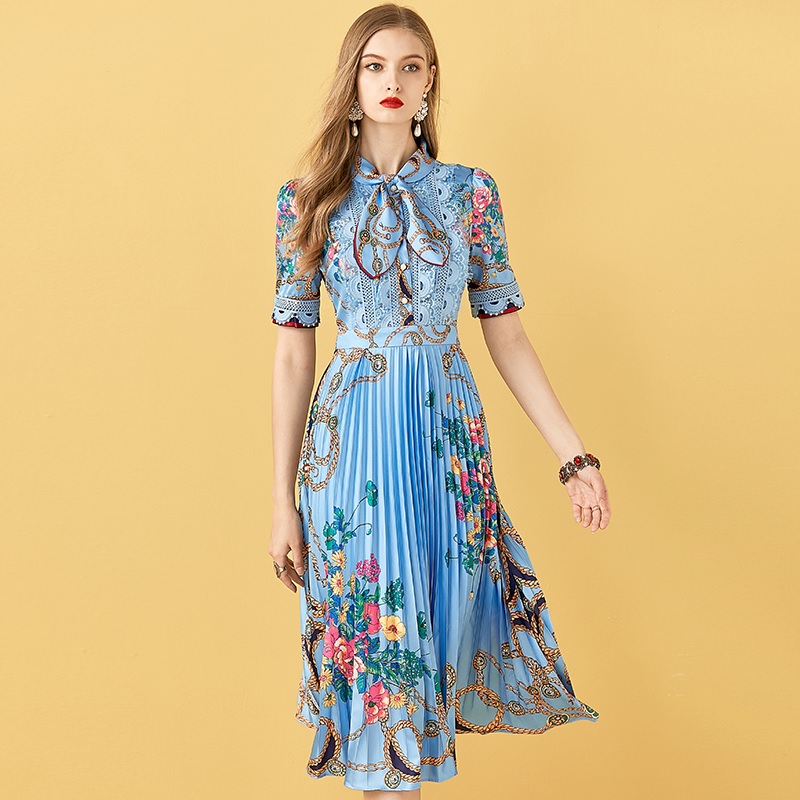 Patchwork Floral Print Pleated Midi Dress - TD Mercado