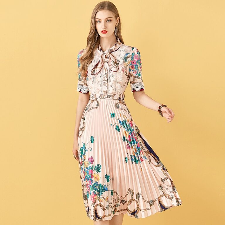 Patchwork Floral Print Pleated Midi Dress - TD Mercado