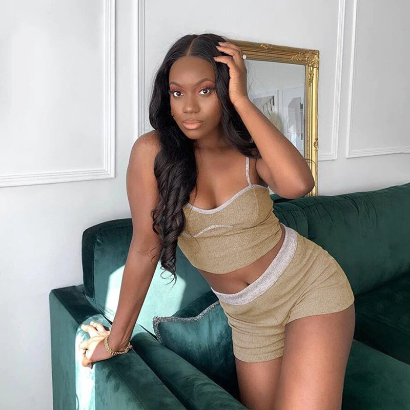 Patchwork Spaghetti Strap Crop Top Biker Shorts 2 Pieces Set - Image 3