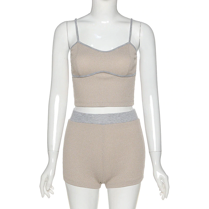 Patchwork Spaghetti Strap Crop Top Biker Shorts 2 Pieces Set - Image 7