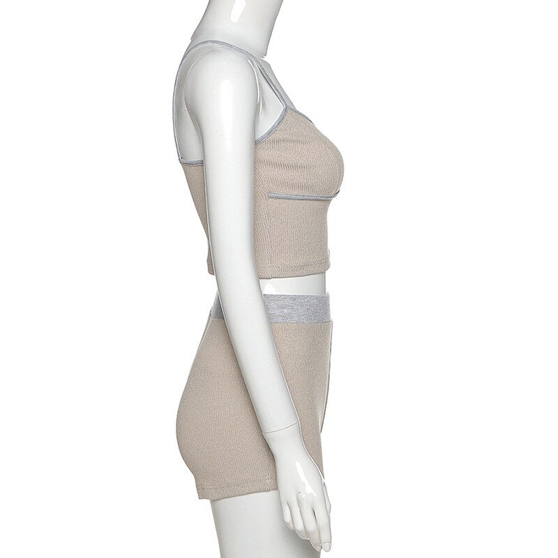 Patchwork Spaghetti Strap Crop Top Biker Shorts 2 Pieces Set - Image 8