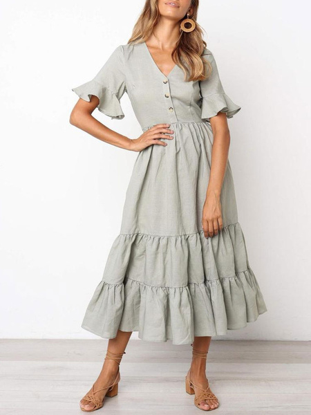 Ruffles Short Sleeves Cotton Maxi Dresses - TD Mercado