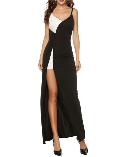 Sleeveless Two-Tone V-Neck Split Front Layered Polyester Floor Length Maxi Dress