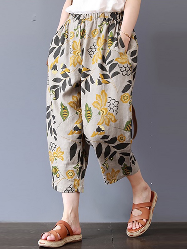 Vintage Floral Print Elastic Waist Pants For Women Elegant Summer