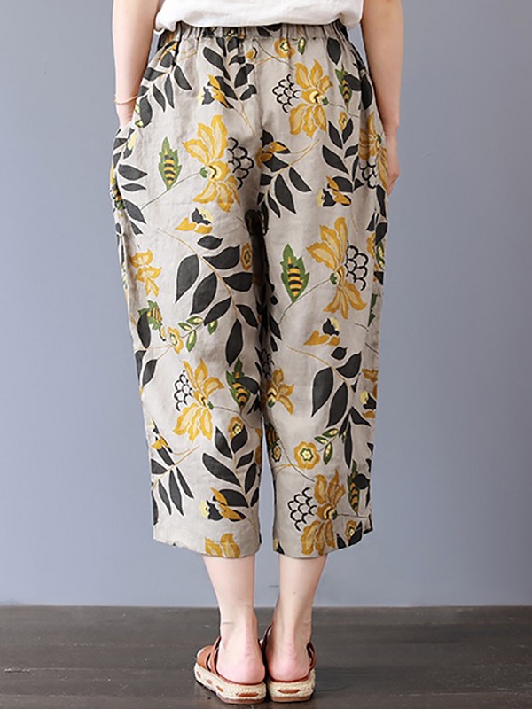 Vintage Floral Print Elastic Waist Pants with Pockets - TD Mercado
