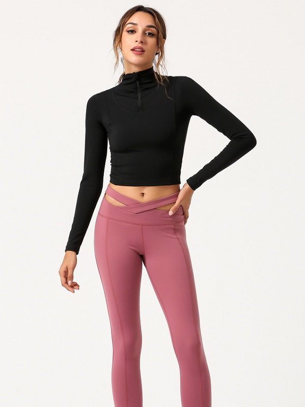 Zipper High Neck Long Sleeve Cropped T Shirt For Sport - Image 5