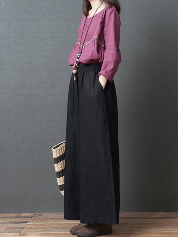 Casual Cotton Linen Pure Color Elastic Waist Pants - TD Mercado