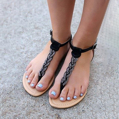 Flat Sandals with Rhinestone Braid and Rounded Toes - TD Mercado