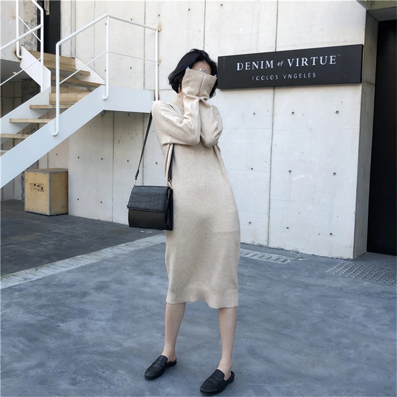 Half-turtleneck Straight Knitted Sweater Dress - Image 3