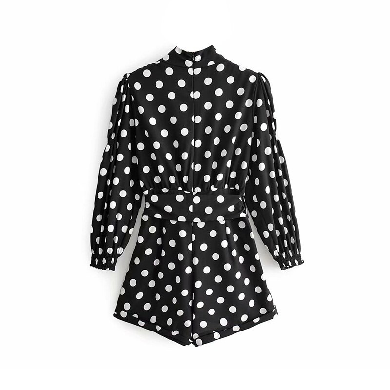 Polka Dot Playsuits Bow Tie Puff Long Sleeve Jumpsuit - TD Mercado