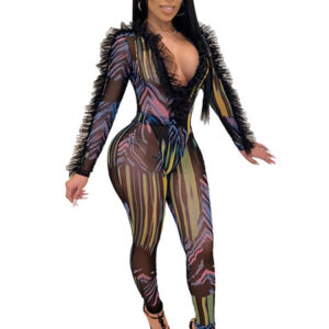 Polyester V-Neck Long Sleeves Ruffles Top With Sexy Pants