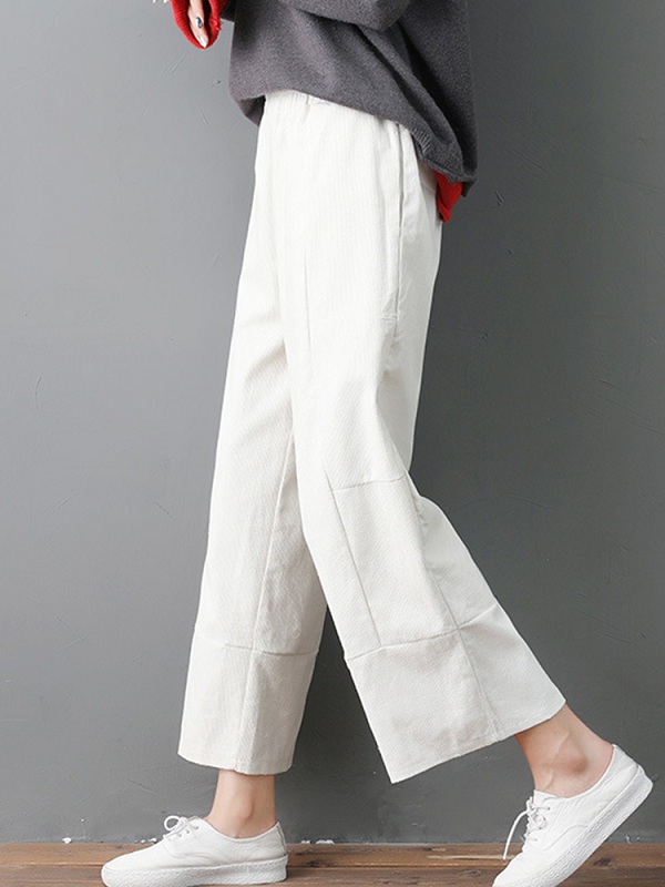 Pure Color Elastic Waist Pockets Corduroy Pants - TD Mercado