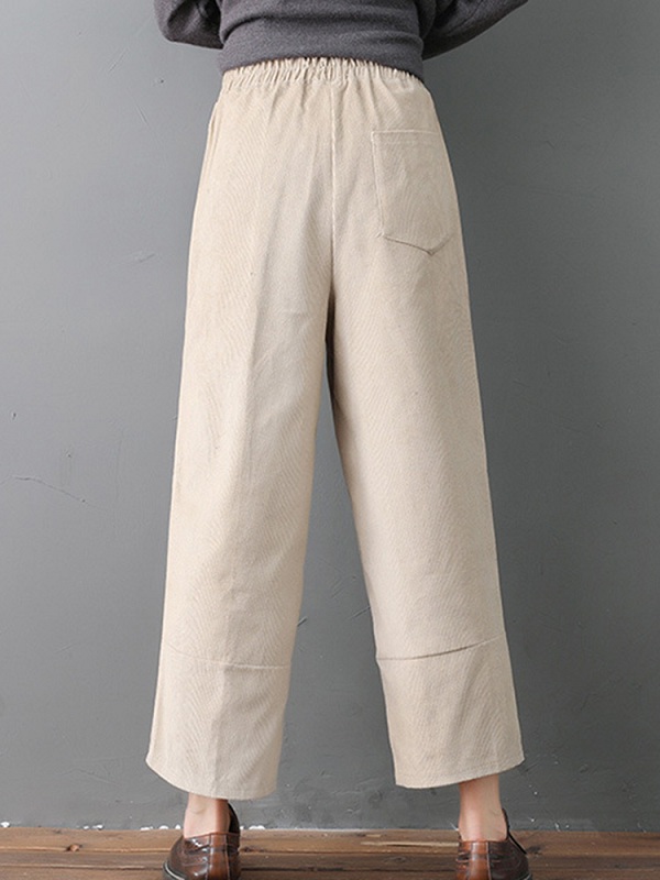 Pure Color Elastic Waist Pockets Corduroy Pants - TD Mercado