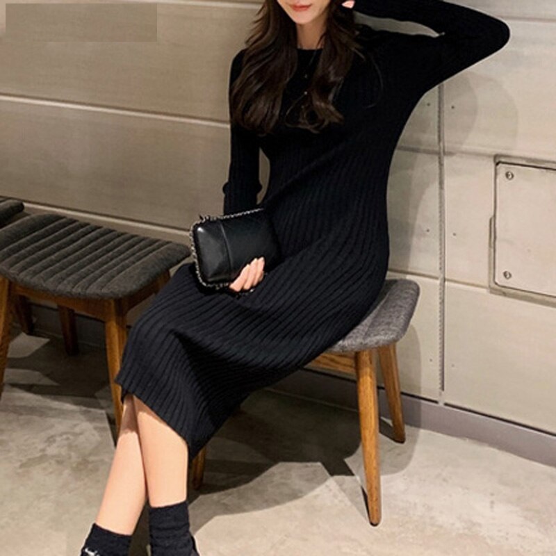 Solid O-Neck Bodycon Thick Sweater Dress - Image 6