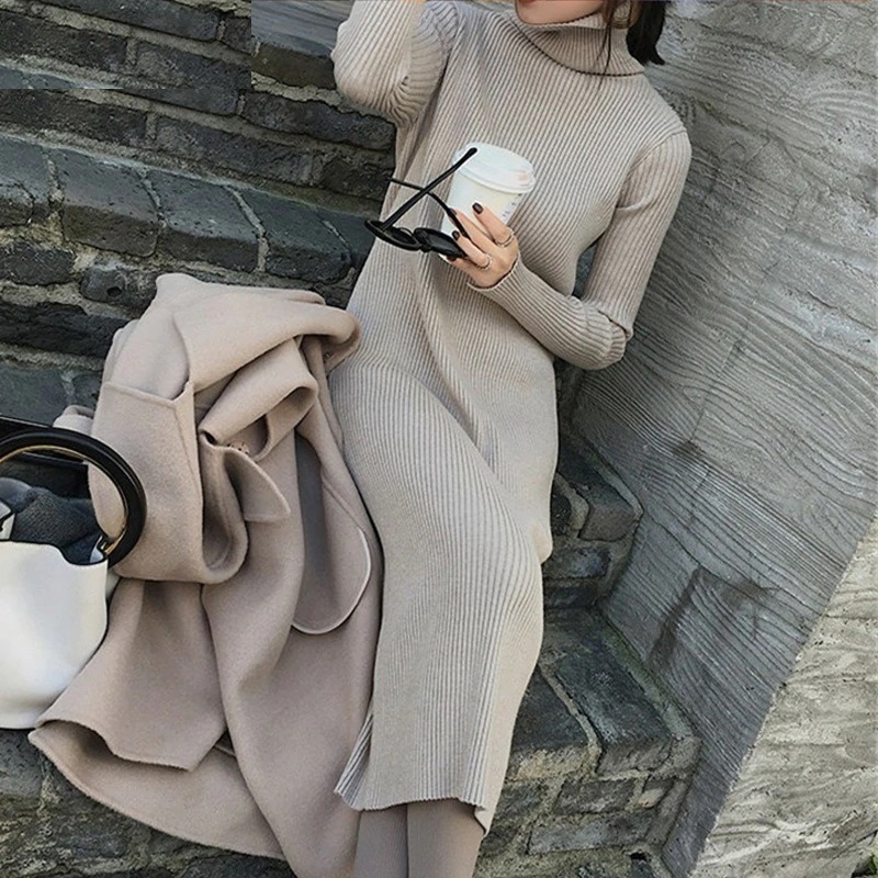Thicken Turtleneck Full Sleeve Knitted Pullovers Vestidos Sweater Dress - Image 3