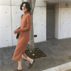 Turtleneck Stretched Side Split Sweater Dress
