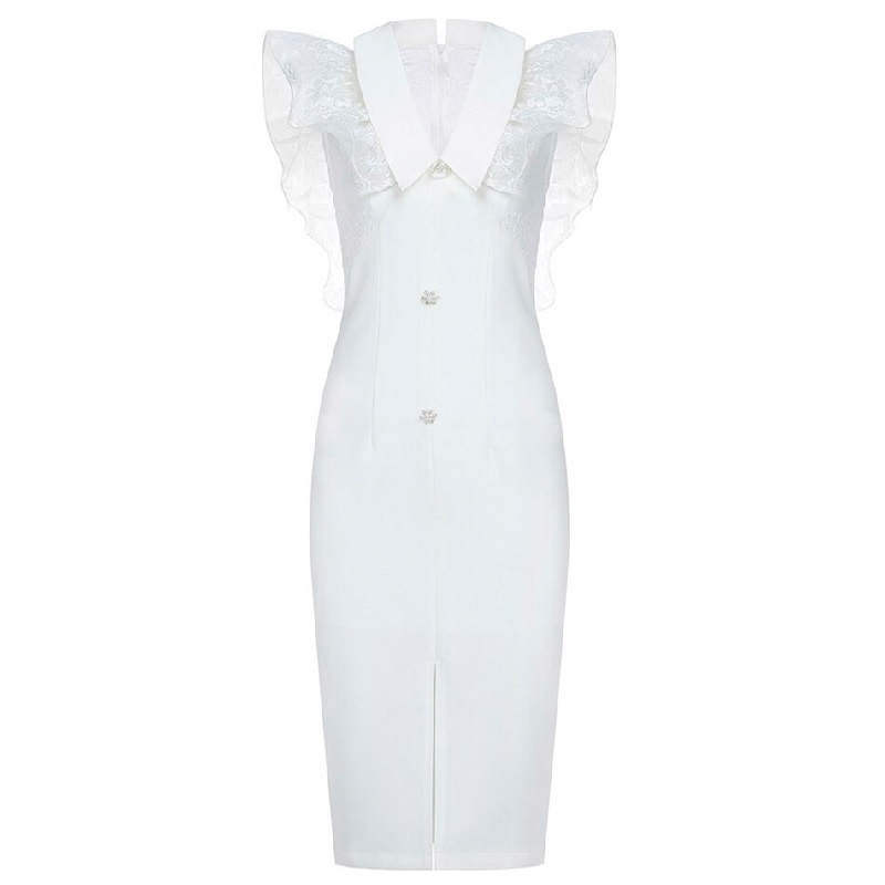 Sexy Patchwork Lace Pearl Button Bodycon Evening Party Dress - Image 2