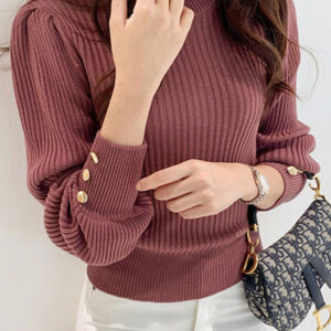 Casual Pullovers Buttons Jewel Neck Long Sleeves Sweaters