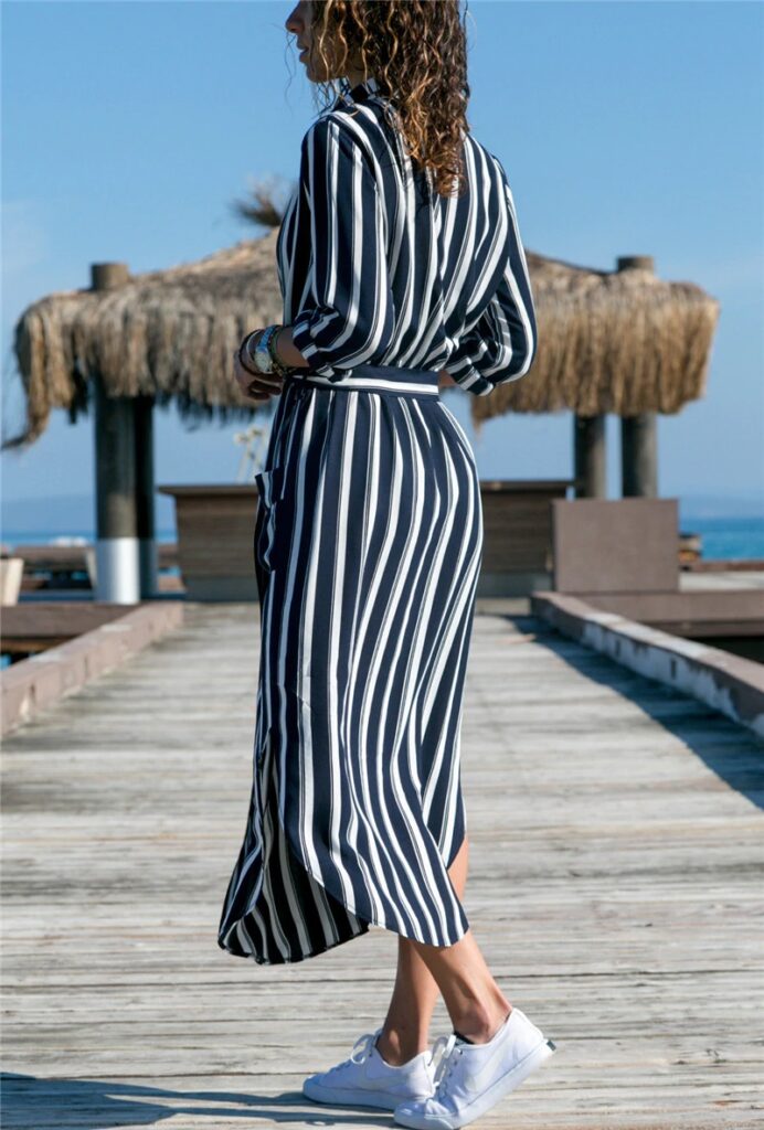 Casual Sexy Long Striped Print Dress Shirt With Pockets - TD Mercado