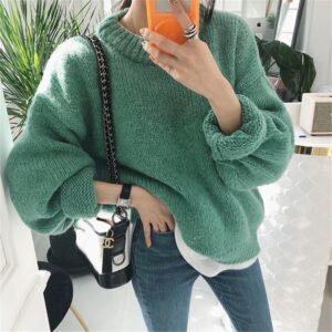 Casual Style Loose Solid Pullover Sweater Long Sleeve Jumper Tops