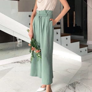 Casual high waist belt pleated trousers