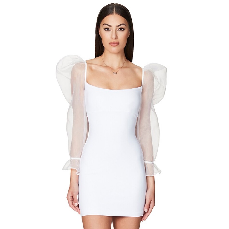 Lace Slash Neck Long Sleeve Club Mini Bodycon Dress - Image 4