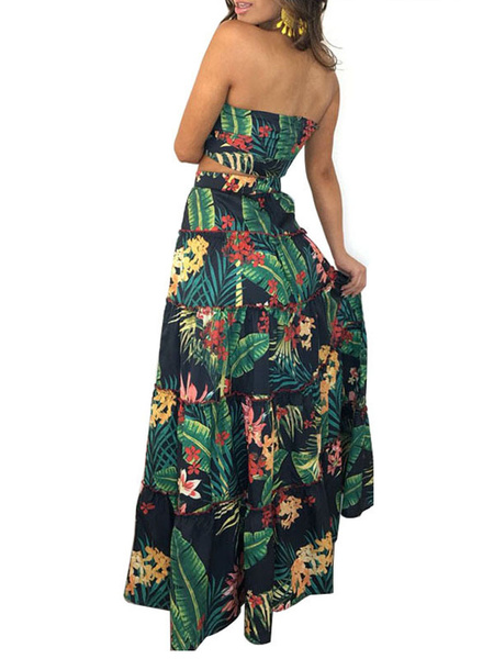 Polyester Strapless Floral Print Printed Lace Up Sexy Top With Long Skirt - Image 2
