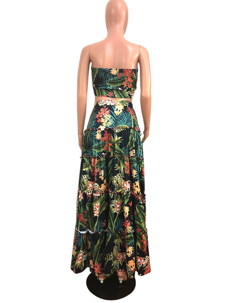 Polyester Strapless Floral Print Printed Lace Up Sexy Top With Long Skirt - Image 3