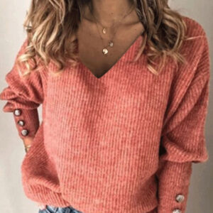 Pullovers V-Neck Long Sleeve Button Detail Sweaters