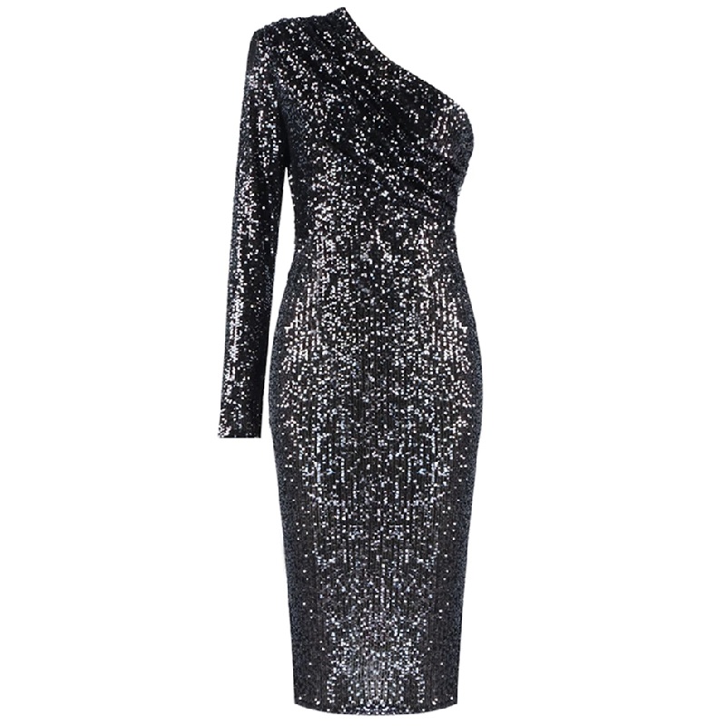 Sexy Fashion One Shoulder Long Sleeve Sequins Celebrity Party Dress ...