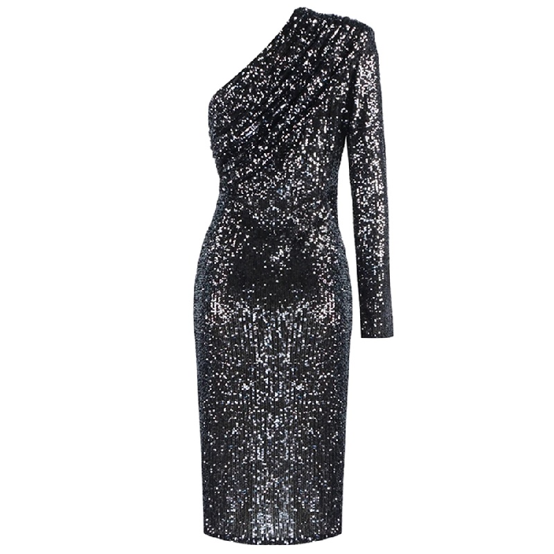 Sexy Fashion One Shoulder Long Sleeve Sequins Celebrity Party Dress ...