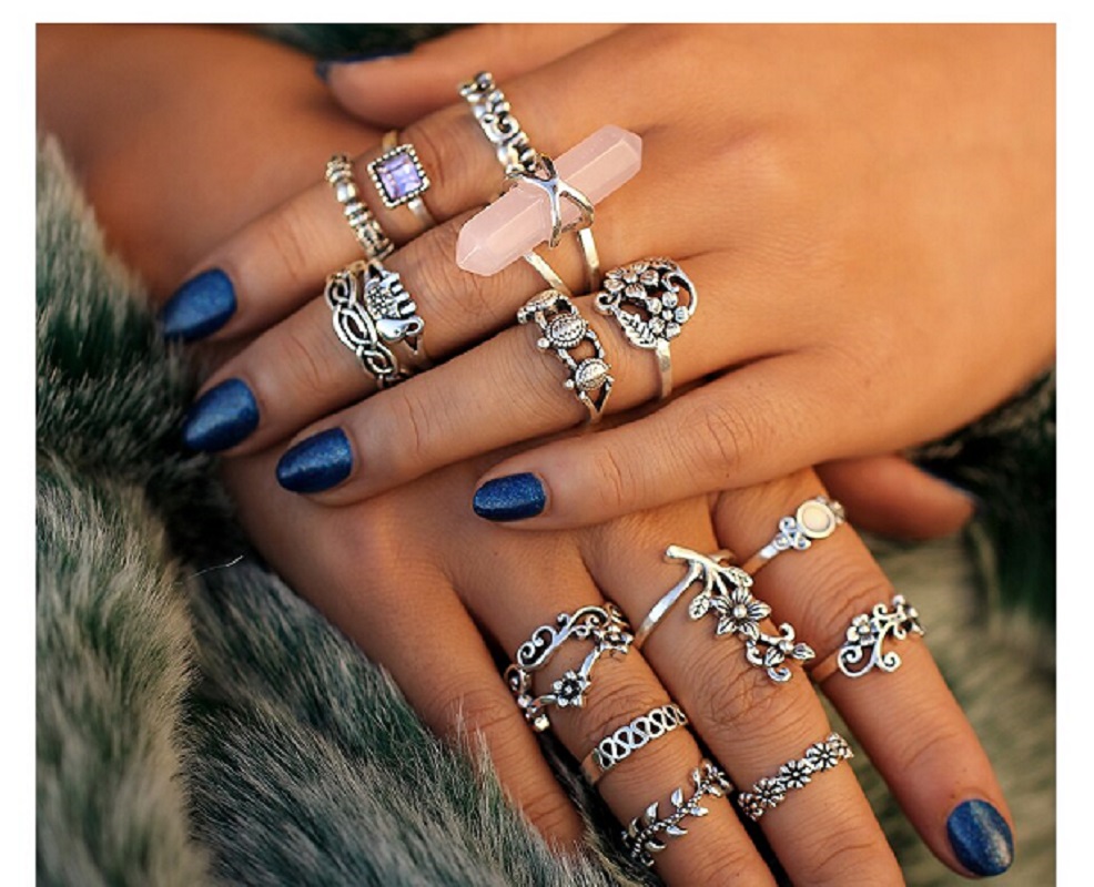 Vintage Big Stone Flower Knuckle Rings Set