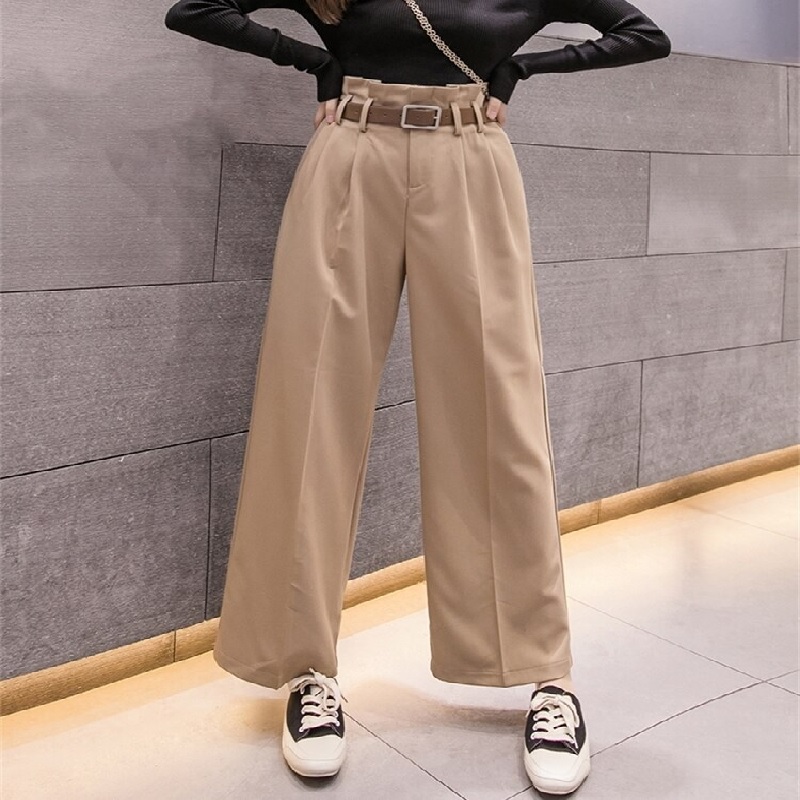 Pants Buttons Polyester High Rise Waist Wide Trousers - TD Mercado