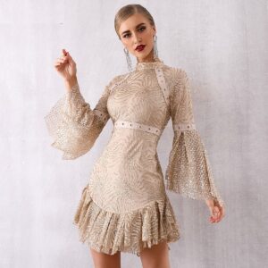 Celebrity Evening Party Sexy Long Flare Sleeve Sequined Mini Club Dress