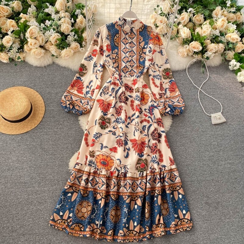 Fashion Stand Collar Puff Sleeve A-line Streetwear Long Print Maxi Dress