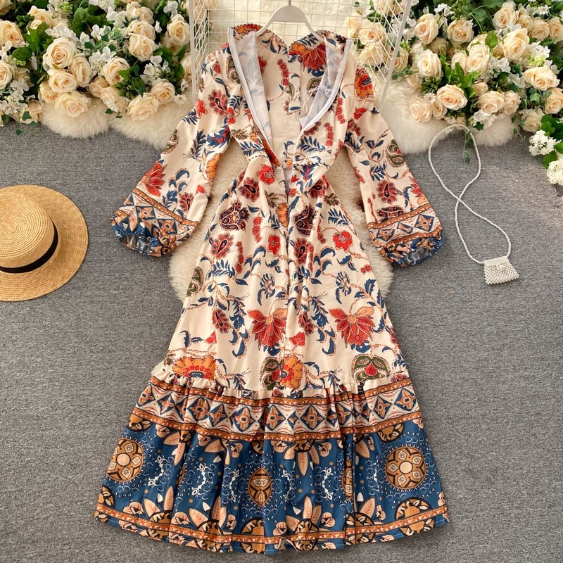 Fashion Stand Collar Puff Sleeve A-line Streetwear Long Print Maxi Dress - Image 2