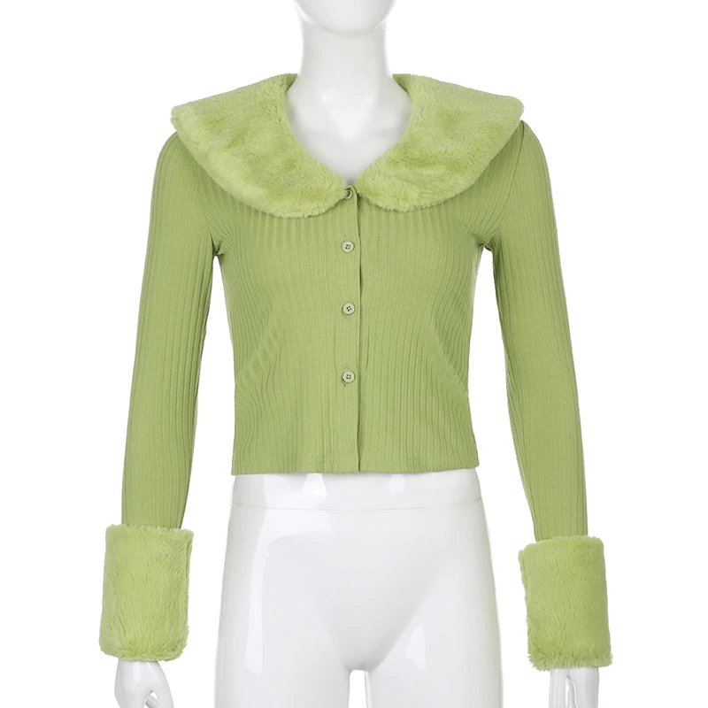 Faur Fur Patchwork V Neck Vintage Jumper Knitwear Cardigan - Image 5