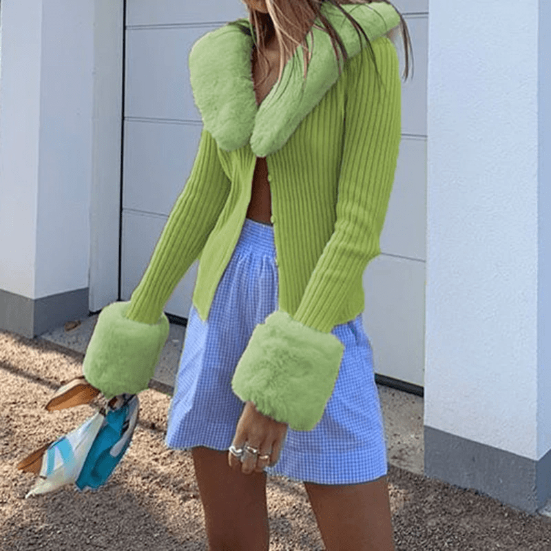 Faur Fur Patchwork V Neck Vintage Jumper Knitwear Cardigan - Image 4