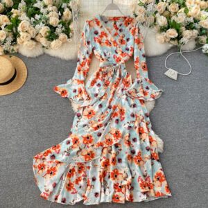 Floral Wrap Flare Sleeve A-line Ruffles Boho Print Long Maxi Dress