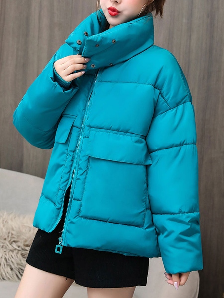 Puffer Stand Collar Long Sleeves Short Quilted Coat With Pockets - Image 5
