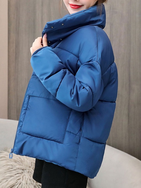 Puffer Stand Collar Long Sleeves Short Quilted Coat With Pockets - Image 6