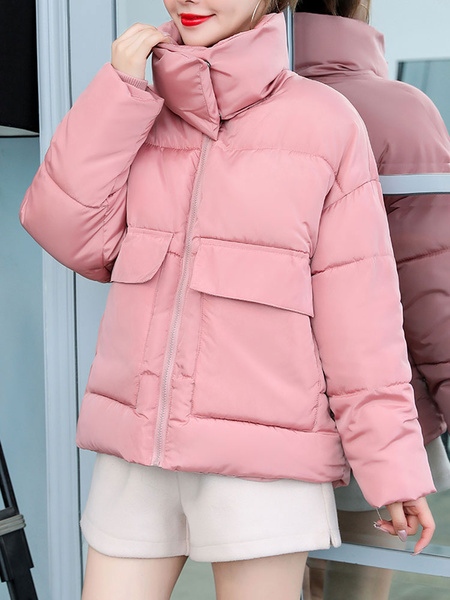 Puffer Stand Collar Long Sleeves Short Quilted Coat With Pockets - Image 7