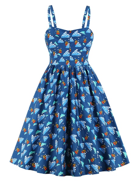 Retro Knotted Print Bows Sleeveless Straps Neck Swing Dress - Image 6